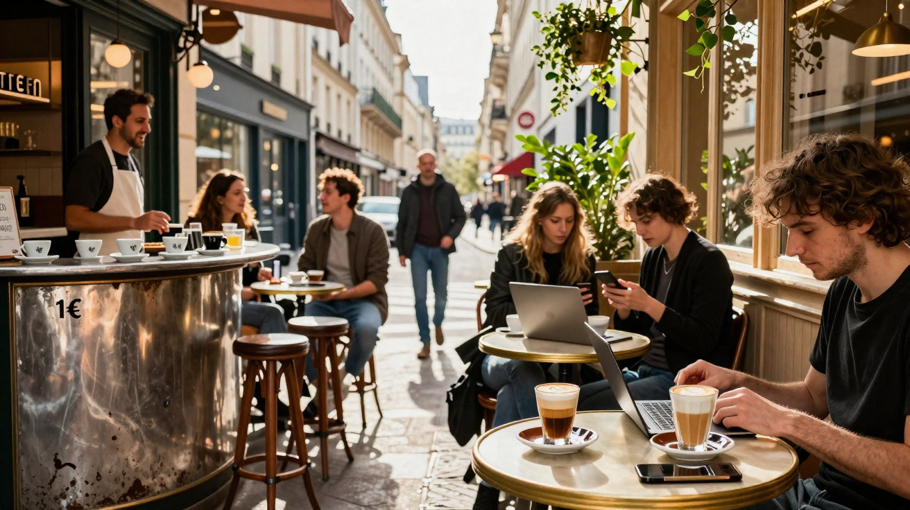 Pessoas a trabalhar e conversar numa esplanada solarenga numa rua estreita de cidade europeia.