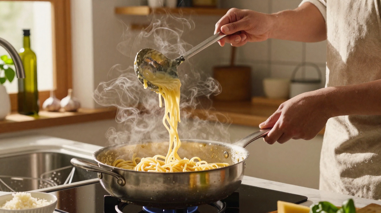 Pessoa a cozinhar esparguete com vapor a sair da frigideira numa cozinha moderna e iluminada.