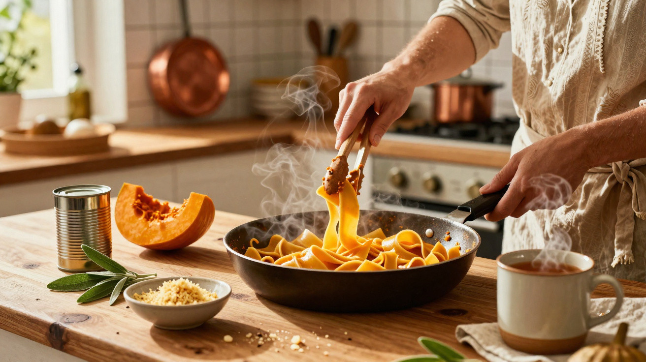 Pessoa a cozinhar massa numa frigideira numa cozinha rústica com ingredientes como abóbora e ervas.