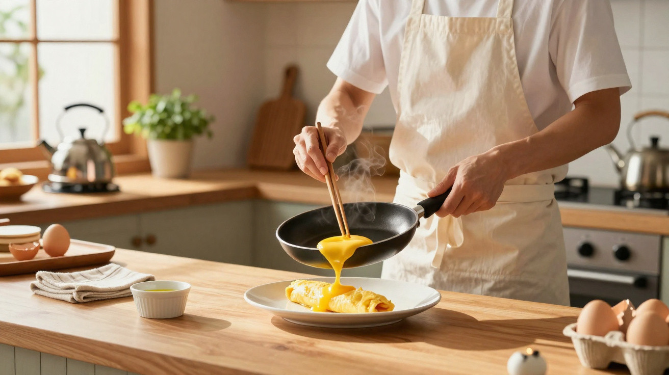 Pessoa a despejar omelete quente numa frigideira para um prato na cozinha iluminada.
