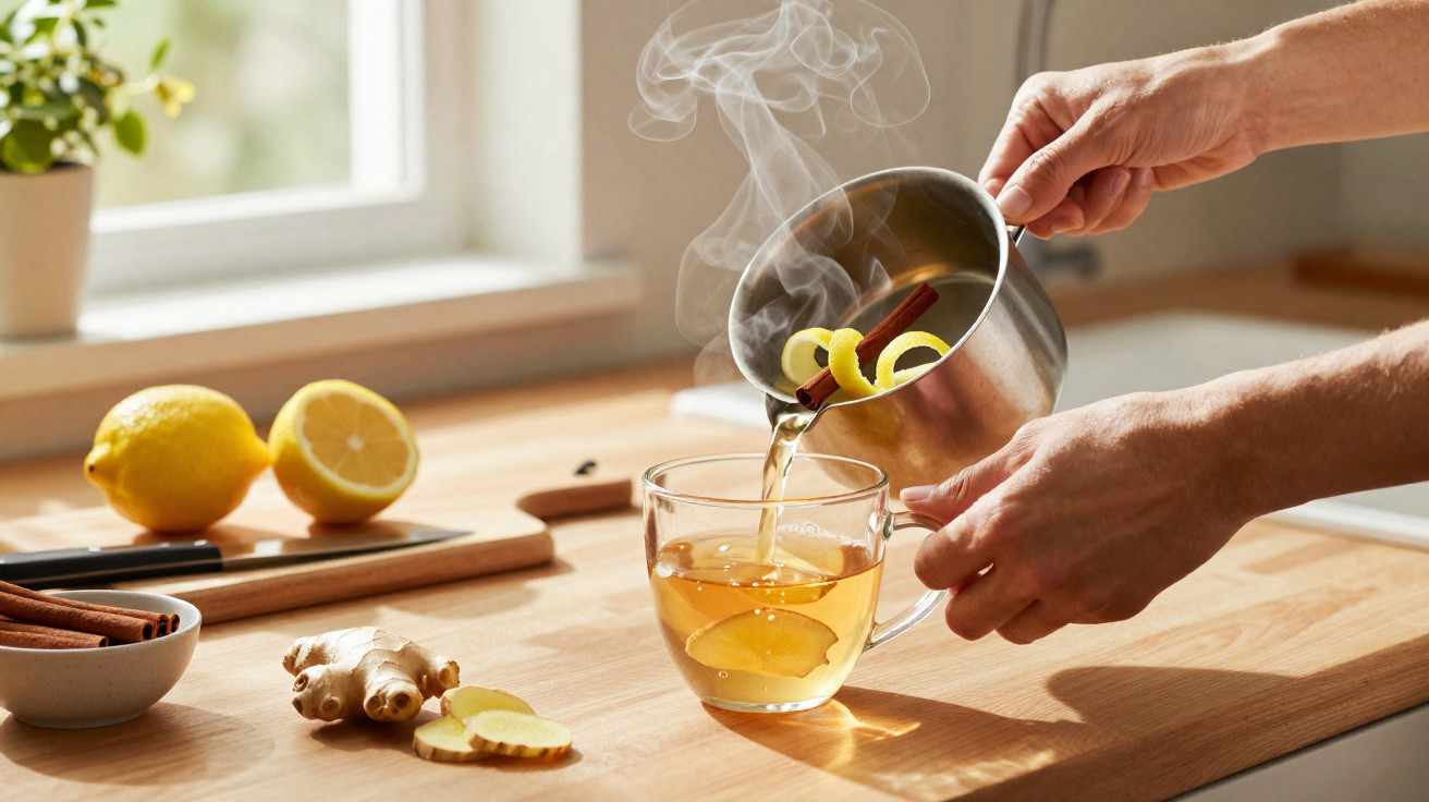 Pessoa a servir chá quente com limão, canela e gengibre numa chávena transparente numa cozinha iluminada.