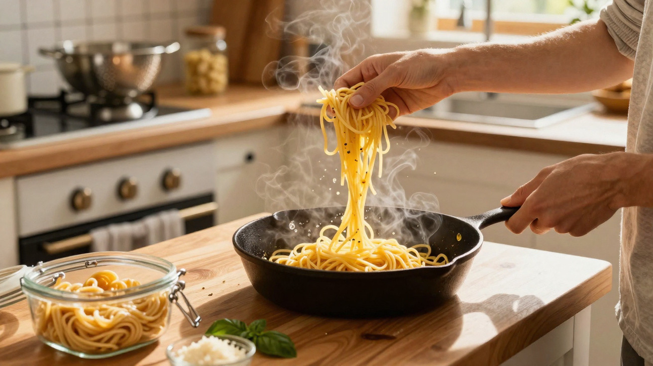 Mãos a cozinhar esparguete numa frigideira fumegante numa cozinha com luz natural.