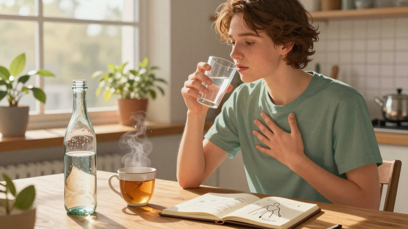 Pessoa jovem sentada à mesa a beber água, com chá quente e caderno aberto com desenho anatómico.