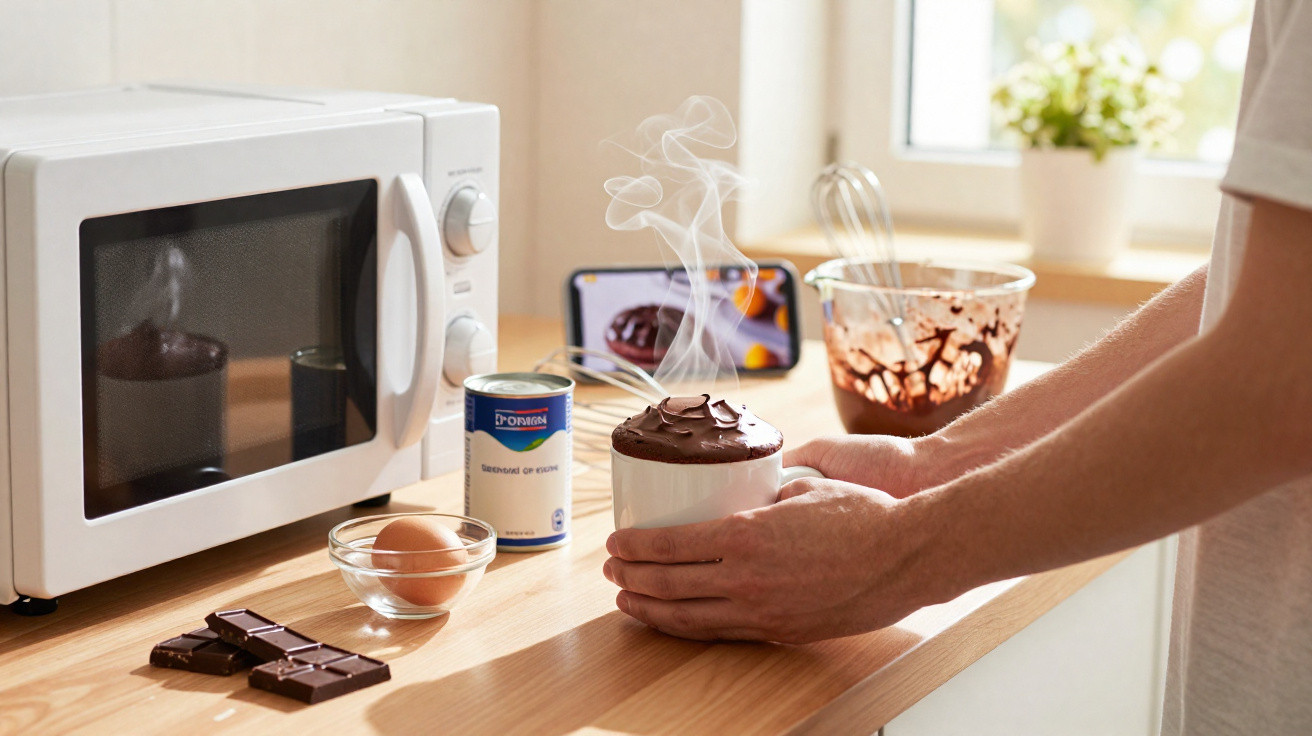 Pessoa segurando caneca com chocolate quente fumegante numa cozinha, com micro-ondas, ovo, leite e chocolate na bancada.