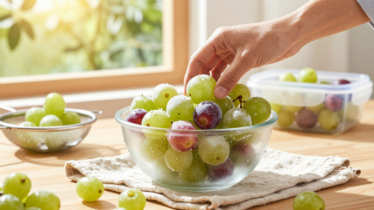 Mão a apanhar uvas verdes e roxas numa taça de vidro sobre uma toalha numa mesa de madeira.
