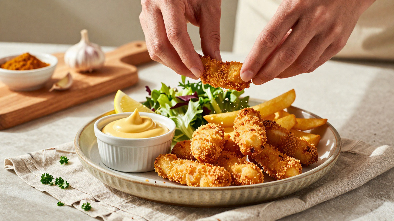 Prato com pedaços de frango panados, batatas fritas, salada, molho e mãos a pegar um pedaço.