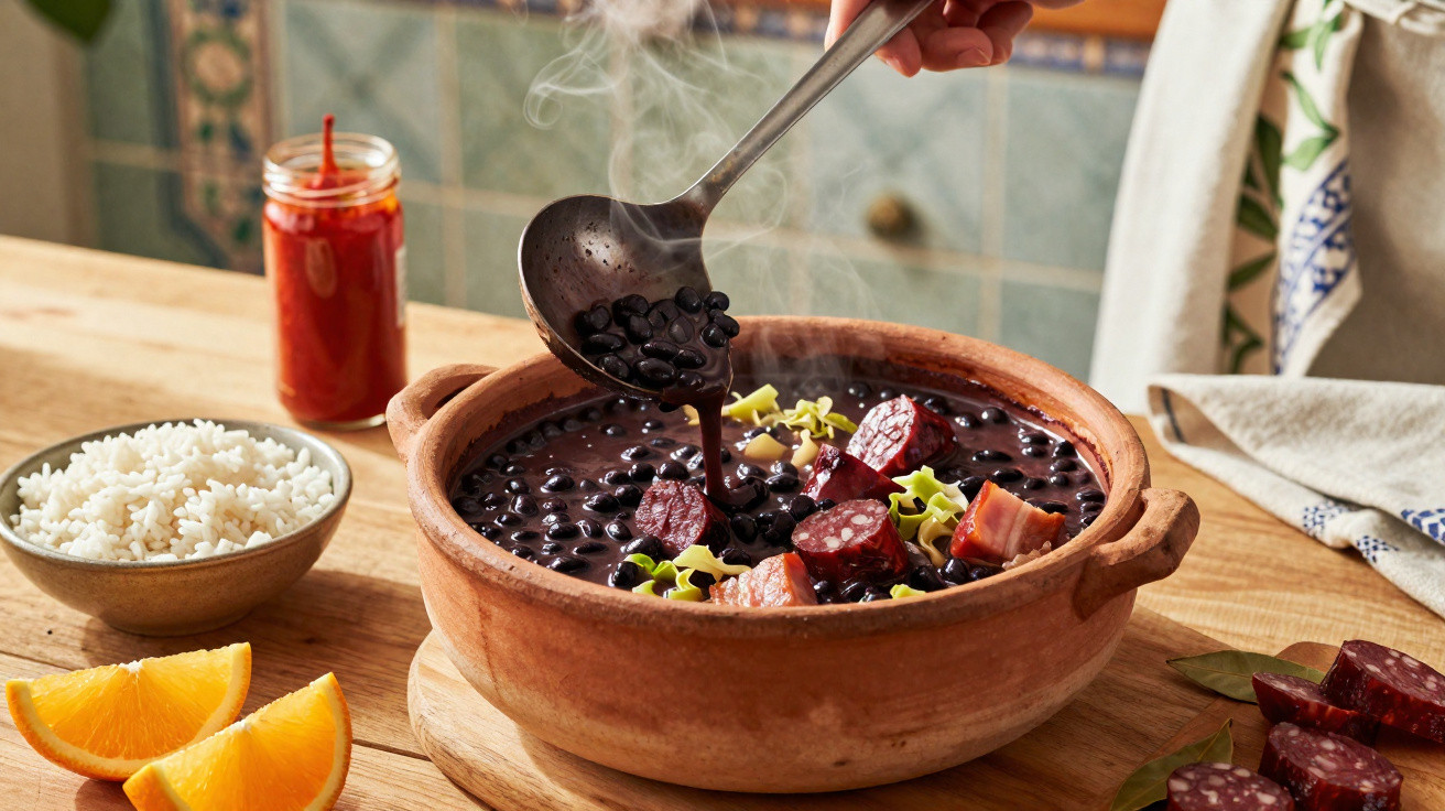 Feijoada quente com feijão preto, linguiça, bacon, servida com arroz, laranja e molho de pimenta.