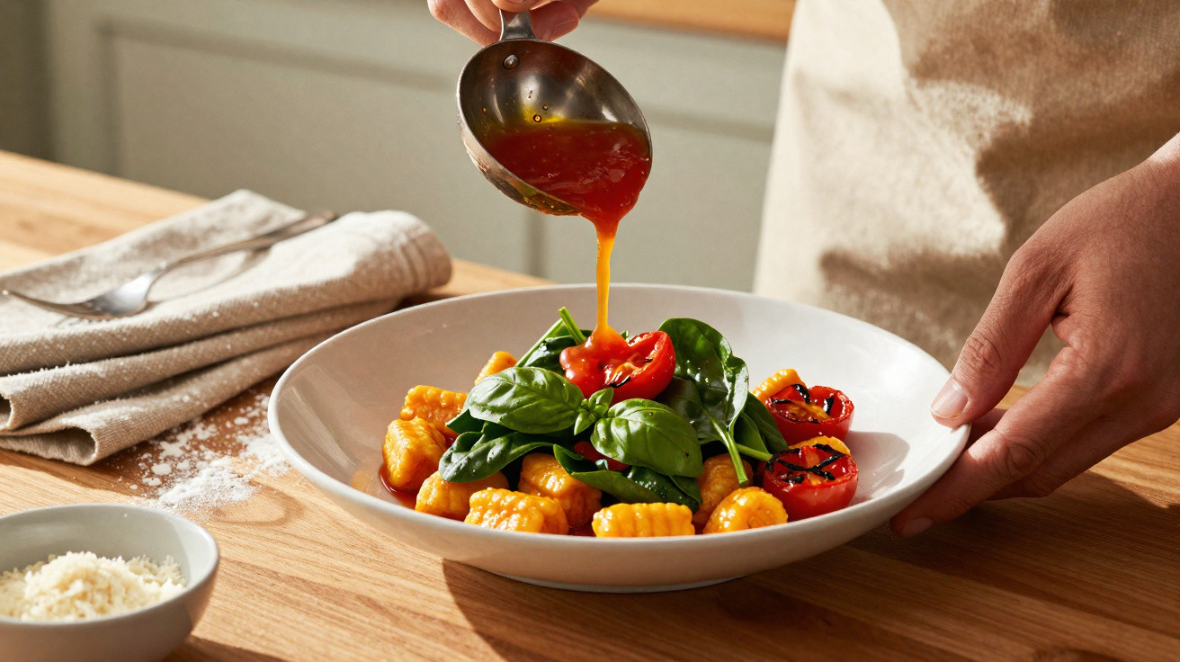 Pessoa a colocar molho numa taça com nhoques, tomate grelhado e folhas verdes numa mesa de madeira.