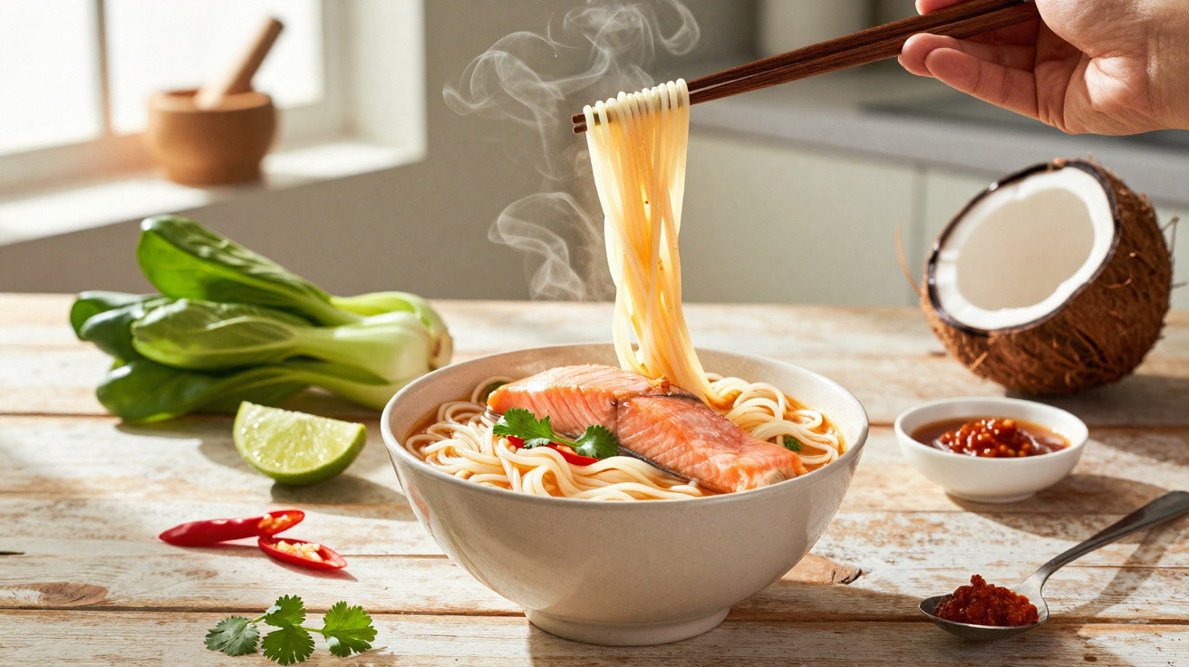 Taça de noodles fumegantes com salmão, legumes frescos e condimentos numa mesa rústica.