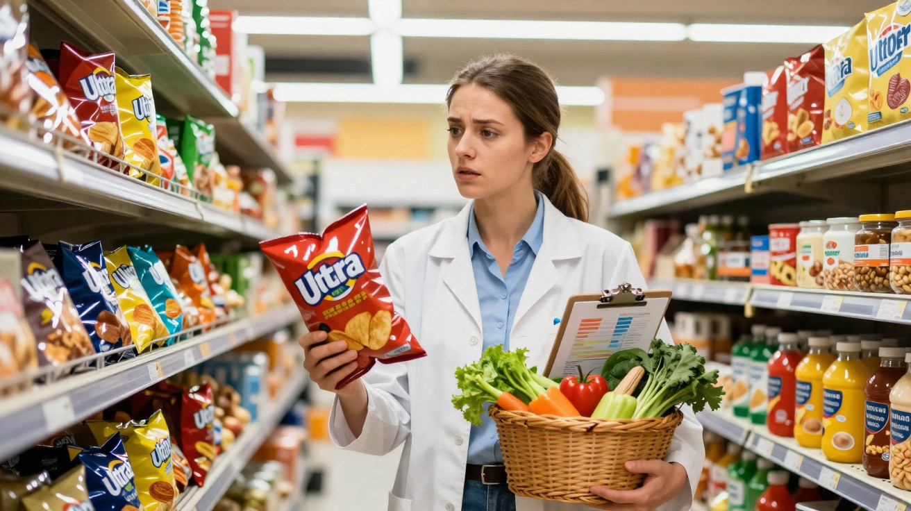 Mulher com jaleco branco segura pacote de batatas fritas e cesta de legumes num supermercado.