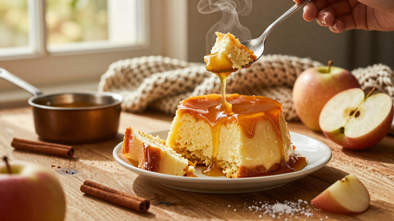 Pudim de caramelo fumegante servido num prato branco, com maçãs e paus de canela à volta.