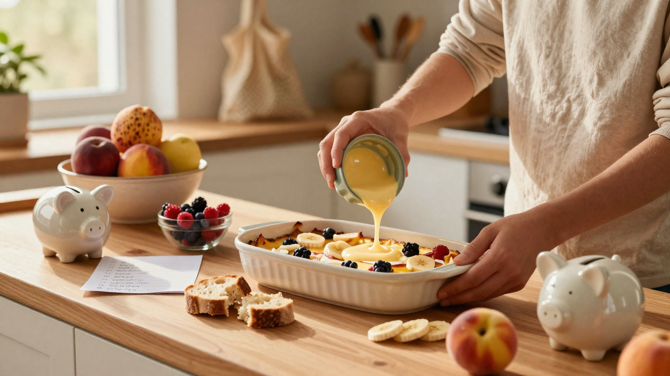 Pessoa a verter molho sobre uma sobremesa de frutas frescas numa cozinha luminosa e organizada.