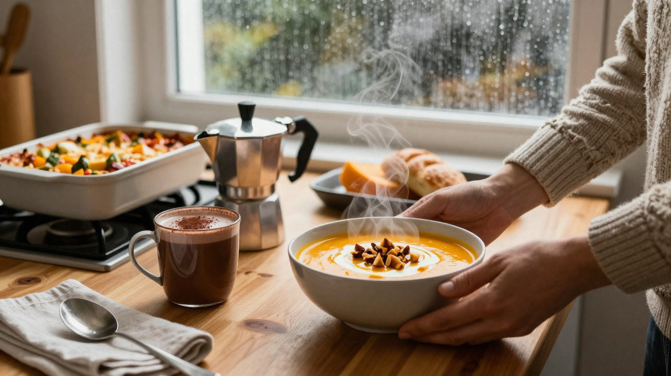 Pessoa a servir sopa quente com tâmaras num bowl, acompanhado de chocolate quente, prato de legumes e café numa mesa de madei