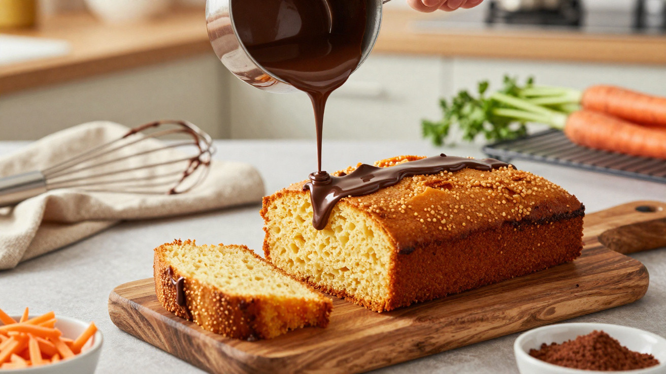 Pão de ló cortado numa tábua com cobertura de chocolate a ser derramada por cima.