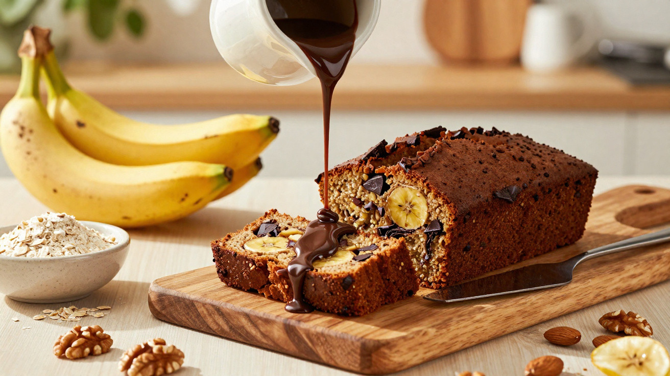 Bolo de banana com pedaços de chocolate, servido com calda de chocolate e rodeado por frutos secos e aveia.