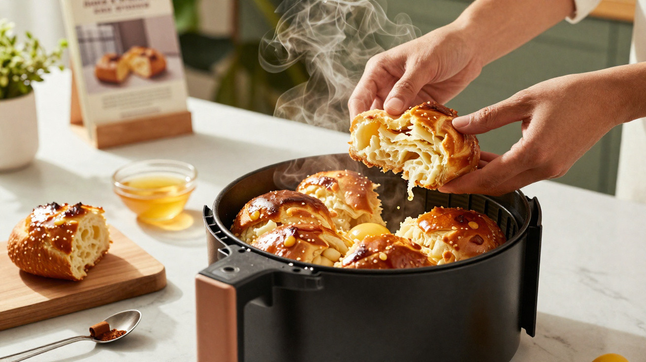 Mãos a retirar pão quente e fofo da air fryer, com vapor a sair, sobre bancada na cozinha.