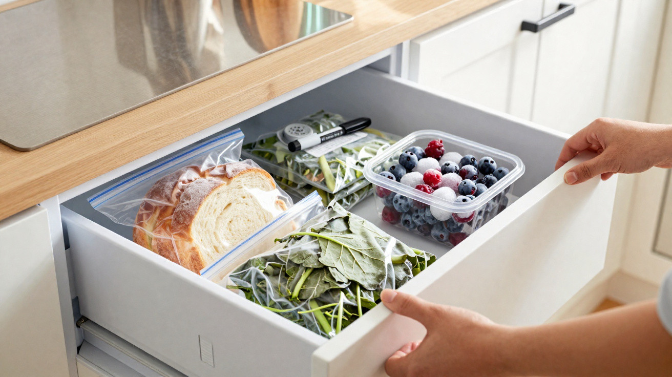 Mãos a abrir gaveta de cozinha com sacos e caixas transparentes de pão, vegetais e frutos vermelhos.