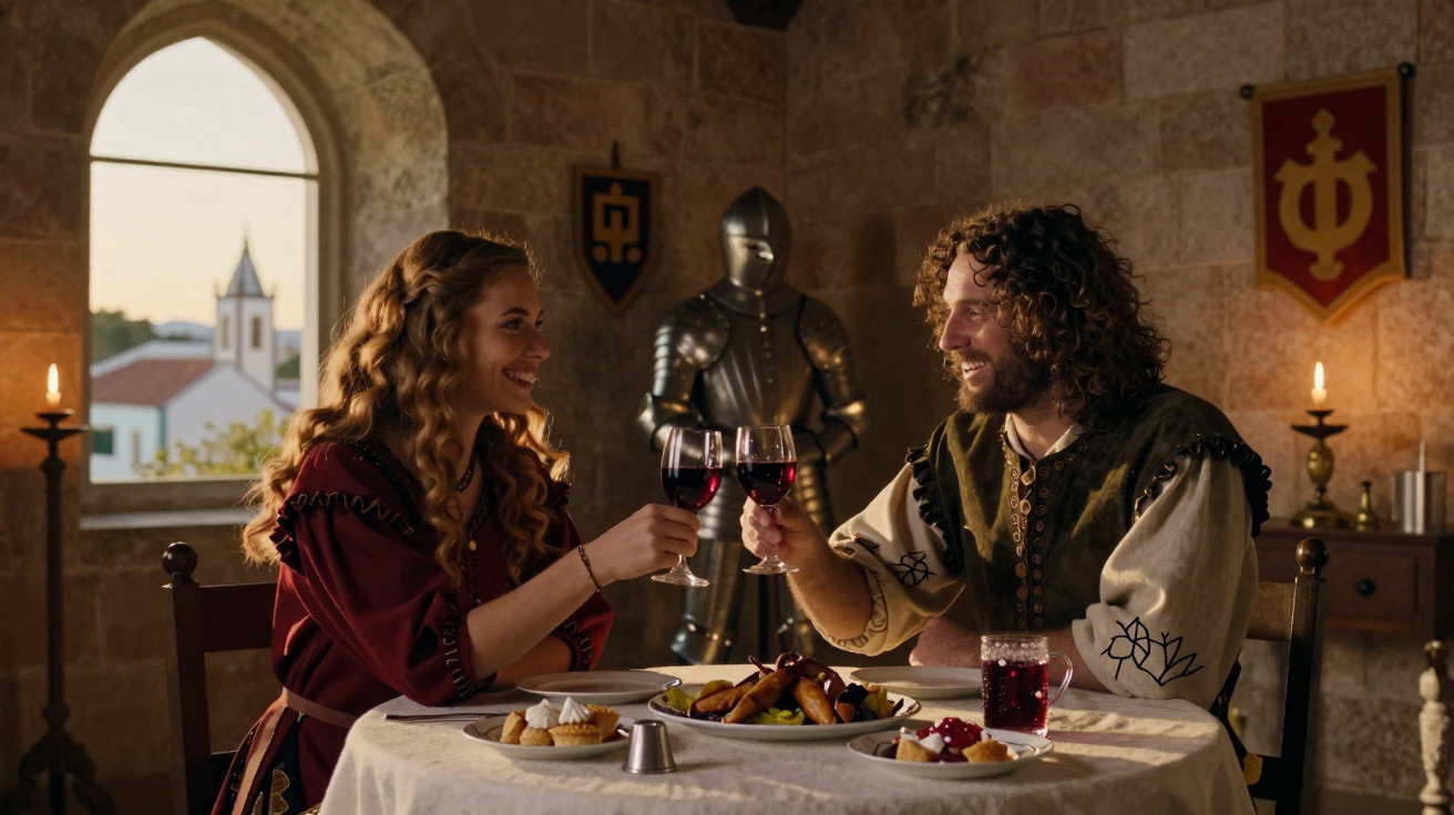 Casal vestido à moda medieval brindando com vinho à luz de velas numa sala de pedra antiga.
