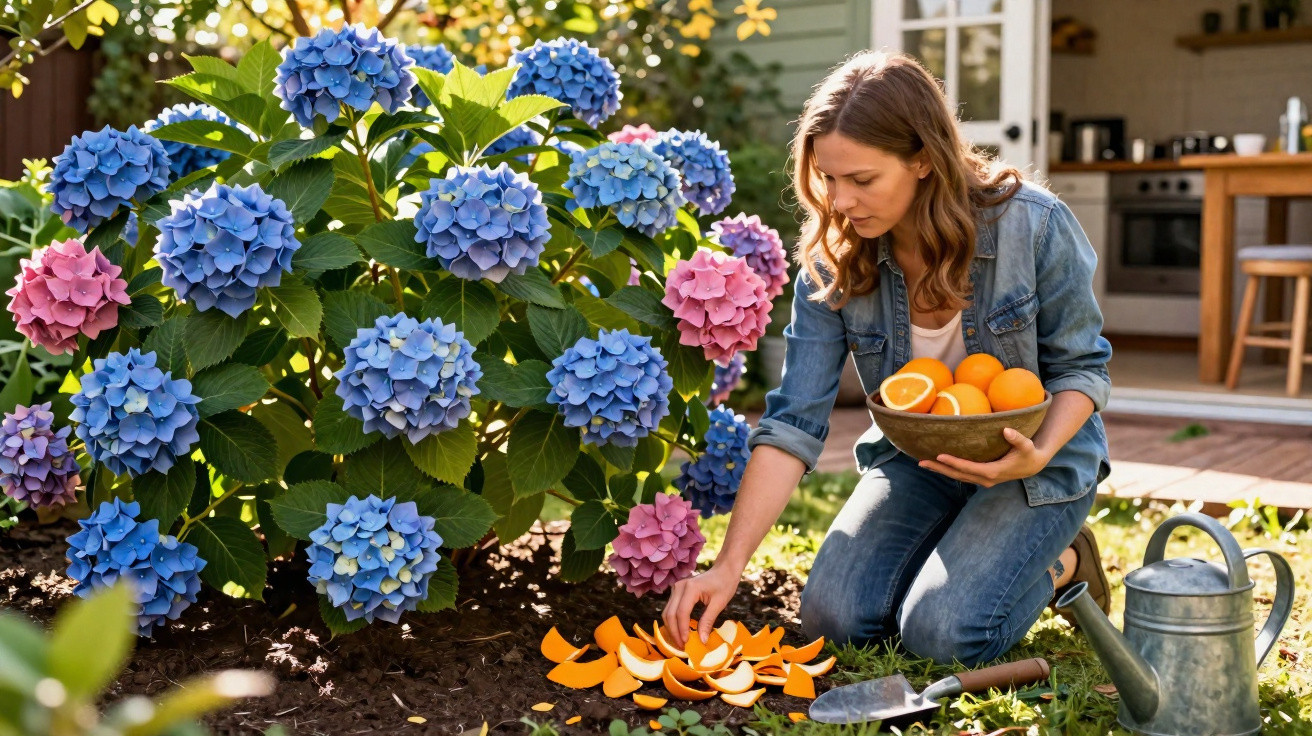 Mulher rega hortênsias azuis e rosas no jardim, com tigela de laranjas e regador ao lado.