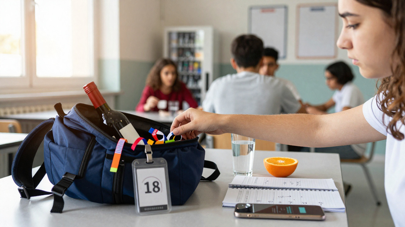 Estudante numa sala de aula com mochila aberta, garrafa de vinho, caderno, laranja e telemóvel na secretária.