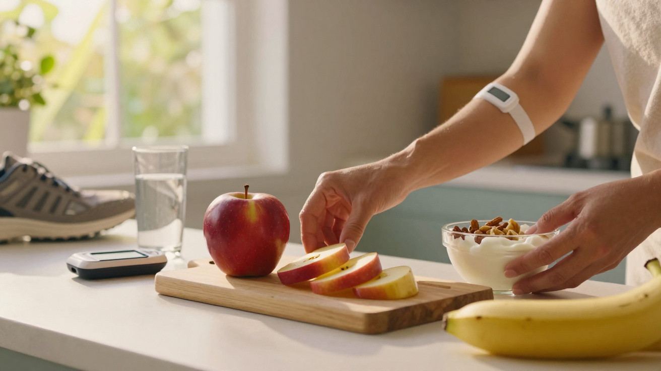 Pessoa a preparar fruta e iogurte numa cozinha, com dispositivos de monitorização de saúde e água por perto.