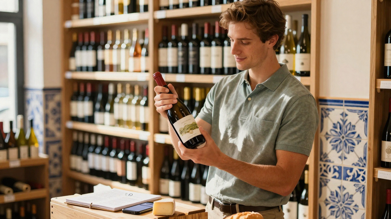 Homem numa loja de vinhos a examinar uma garrafa de vinho tinto junto a uma tábua com queijo e pão.