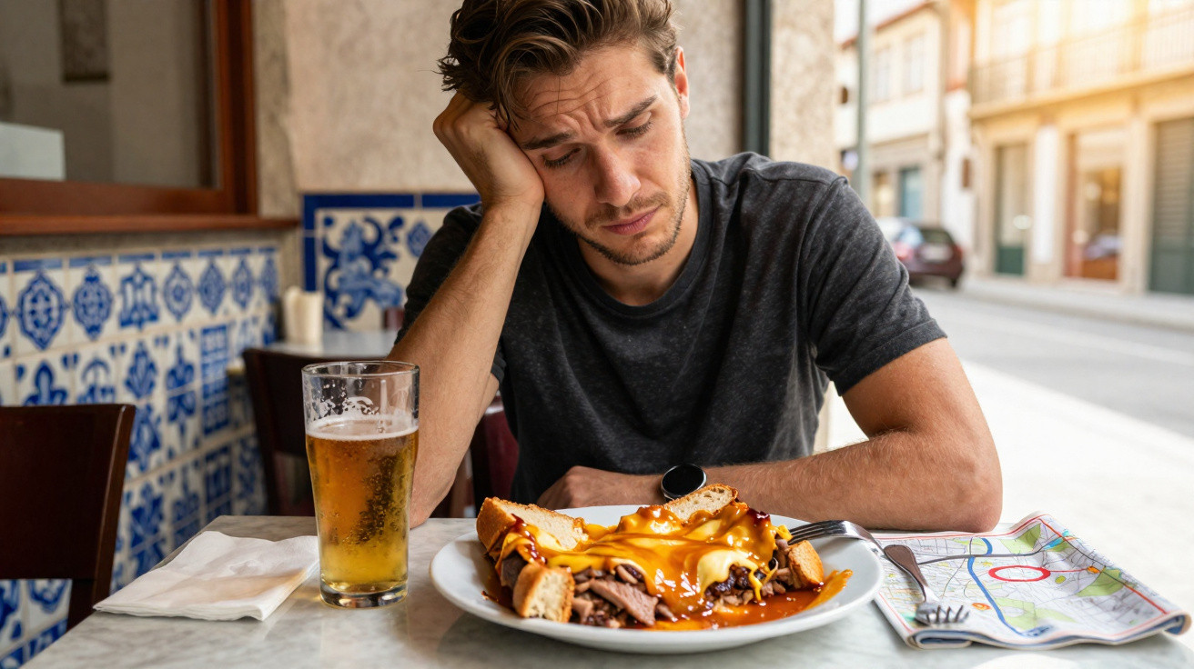 Homem triste sentado num café a olhar para um prato de comida com molho e uma cerveja ao lado.