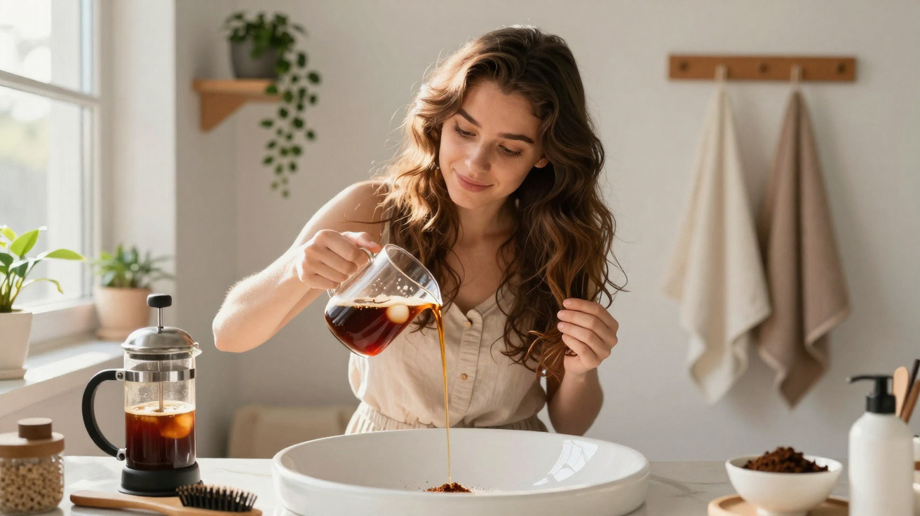 Mulher sorridente a despejar bebida numa bacia branca numa cozinha luminosa e decorada com plantas.