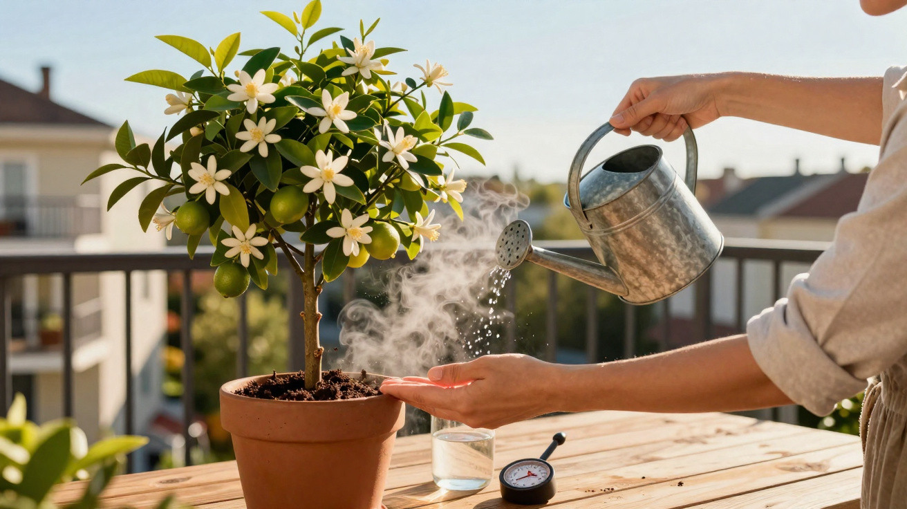 Pessoa a regar uma planta florida num vaso de barro num terraço com casas ao fundo.