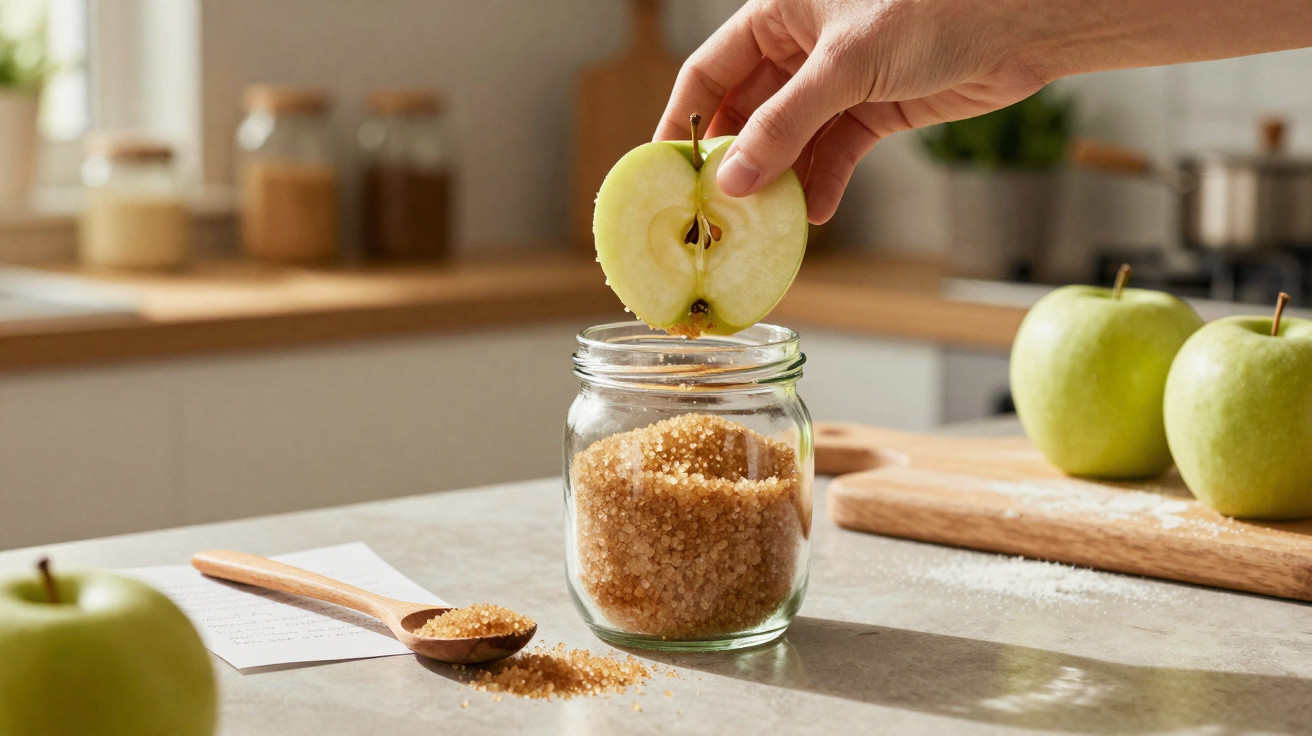 Mão a mergulhar uma fatia de maçã verde em frasco com açúcar mascavado numa cozinha iluminada.