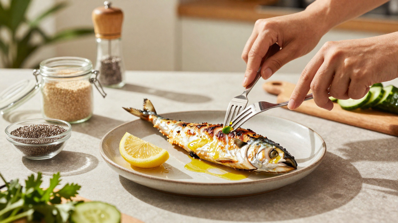 Pessoa a usar garfo e faca para comer peixe grelhado servido com fatia de limão.