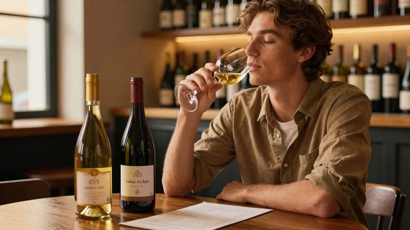 Homem a cheirar vinho branco numa taça, sentado à mesa com duas garrafas de vinho e papel à frente.