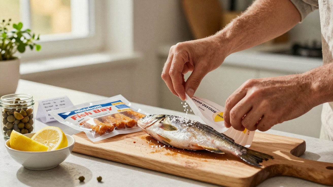 Pessoa a temperar peixe fresco com sal numa tábua de madeira na cozinha, com limão e azeitonas ao lado.