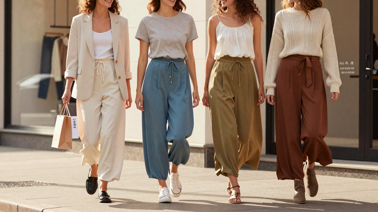 Quatro mulheres a caminhar na rua com calças largas de cintura subida em cores diferentes e roupa casual elegante.