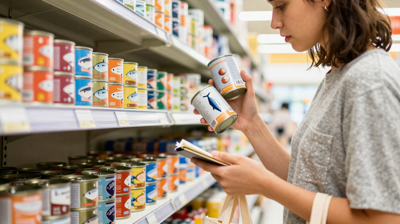 Mulher a analisar latas de comida na prateleira de um supermercado, segurando duas latas e um bloco de notas.