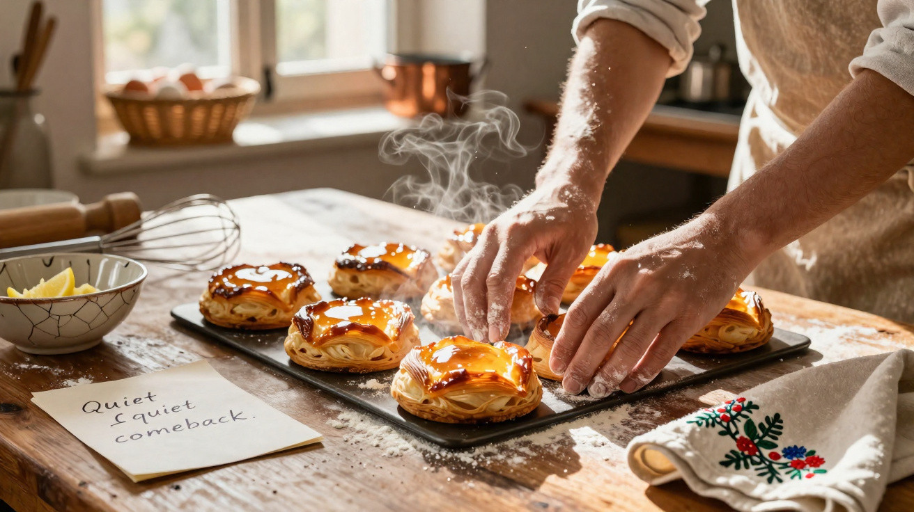 Mãos apanham folhados acabados de sair do forno numa bandeja, com vapor e luz natural na cozinha.