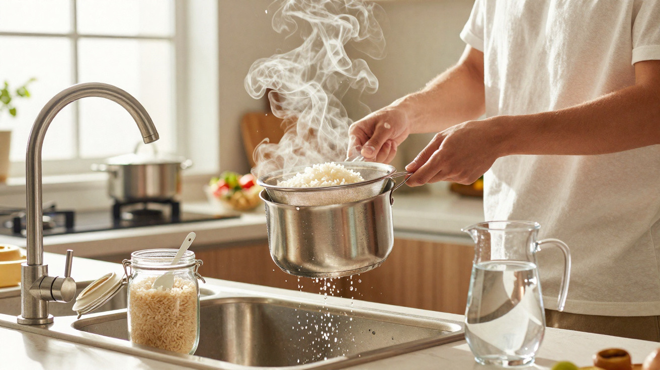 Pessoa a coar arroz quente numa cozinha moderna junto à pia, com jarra de água e frasco de arroz ao lado.