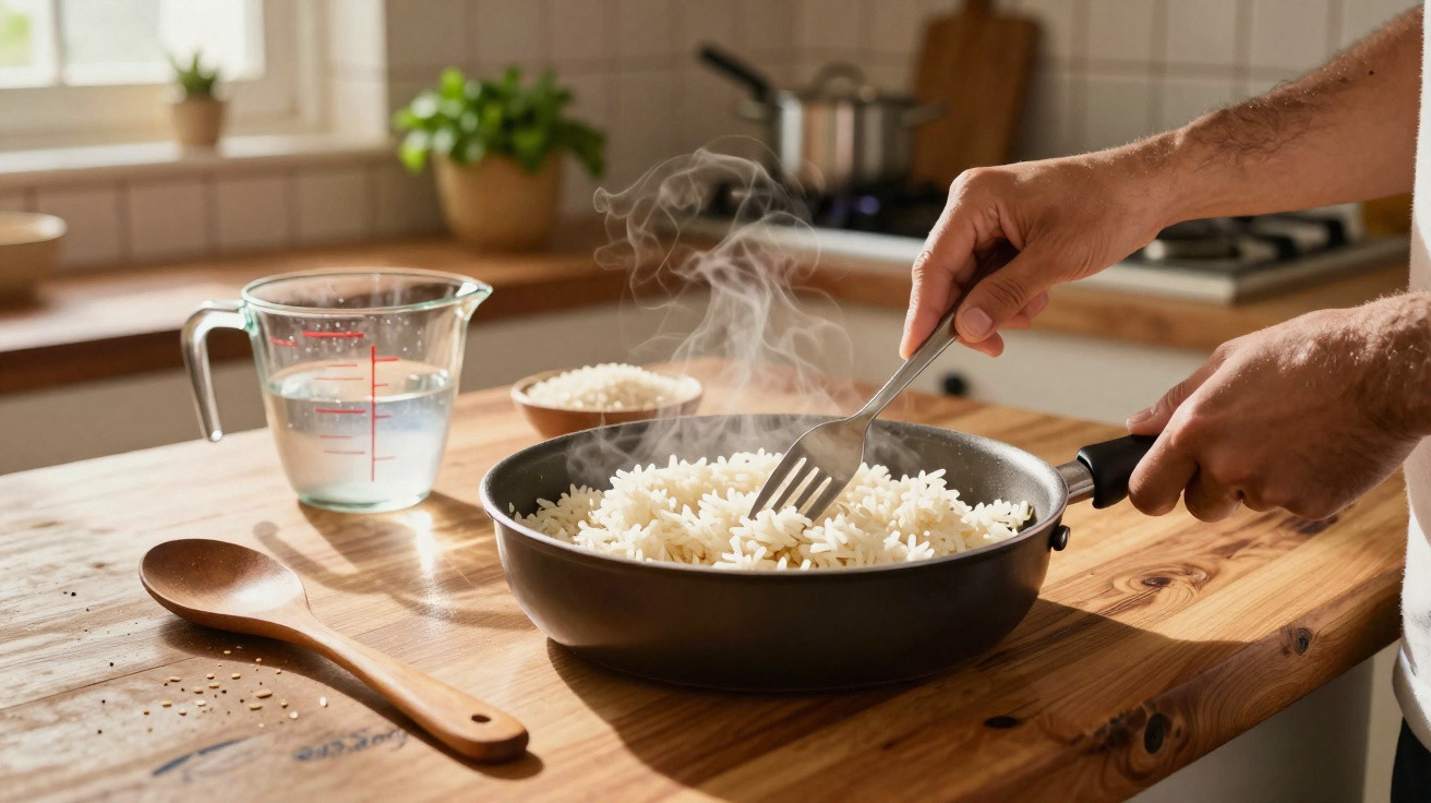 Mãos a mexer arroz cozido a vapor numa frigideira num balcão de cozinha de madeira com utensílios e ingredientes.