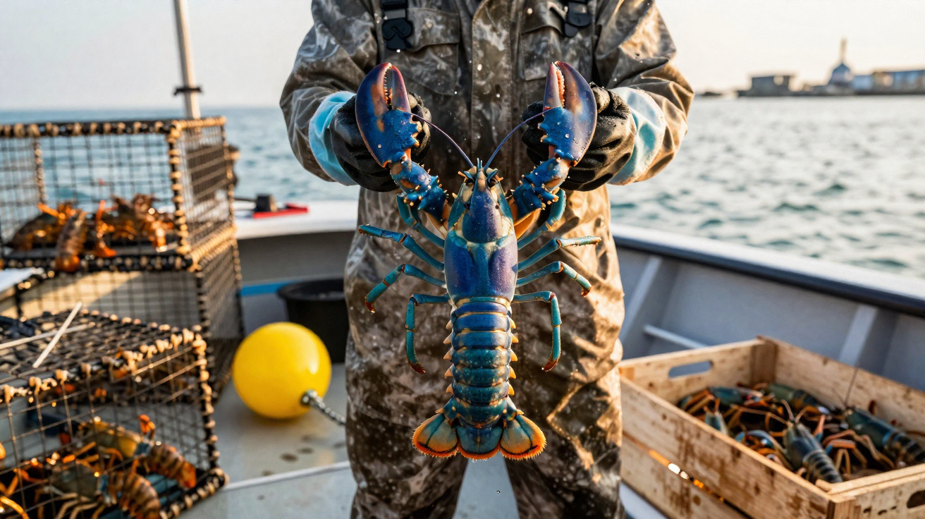 Pescador em barco segura uma lagosta azul recém-pescada com armadilhas e mar ao fundo.