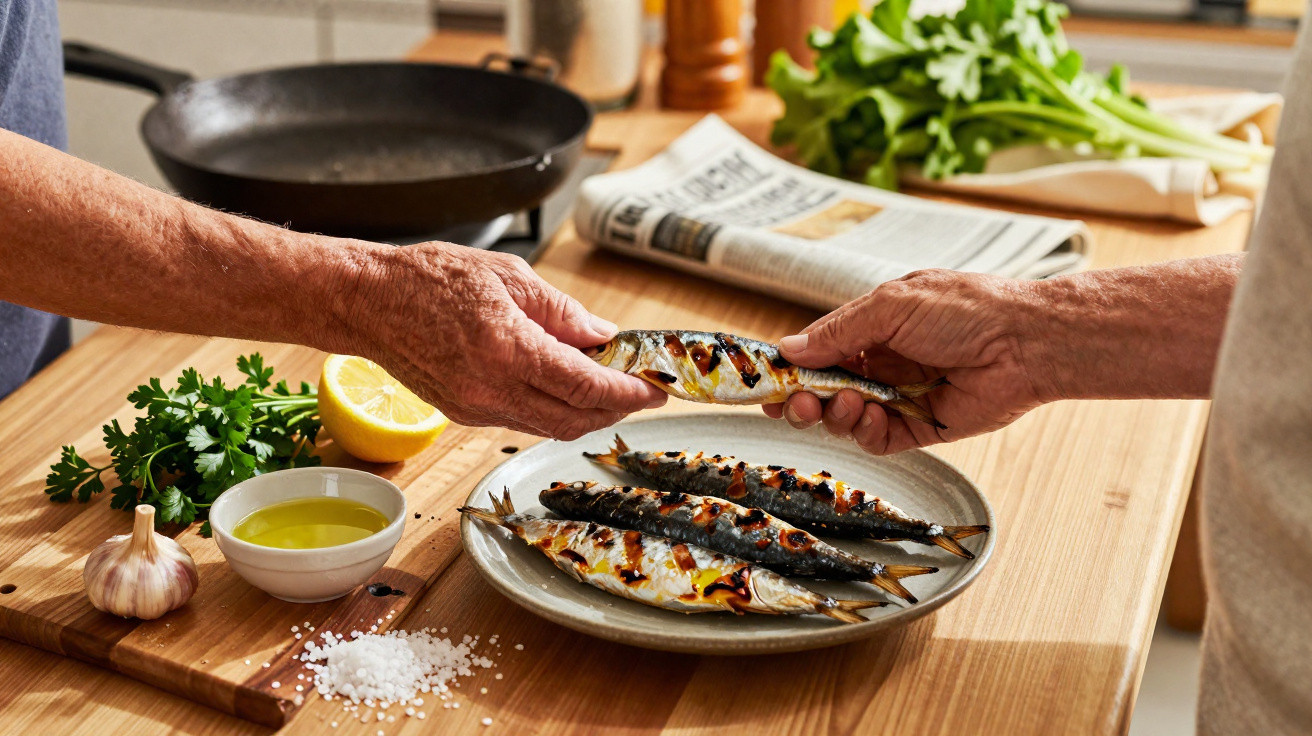 Duas pessoas trocando uma sardinha grelhada numa cozinha com pratos de sardinhas, limão, alho e salsa.