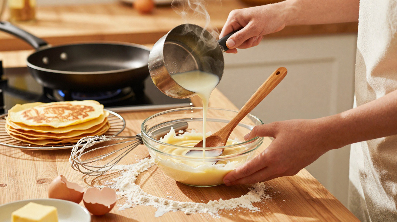 Pessoa a preparar massa de panquecas numa tigela com utensílios de cozinha e panquecas prontas ao lado.