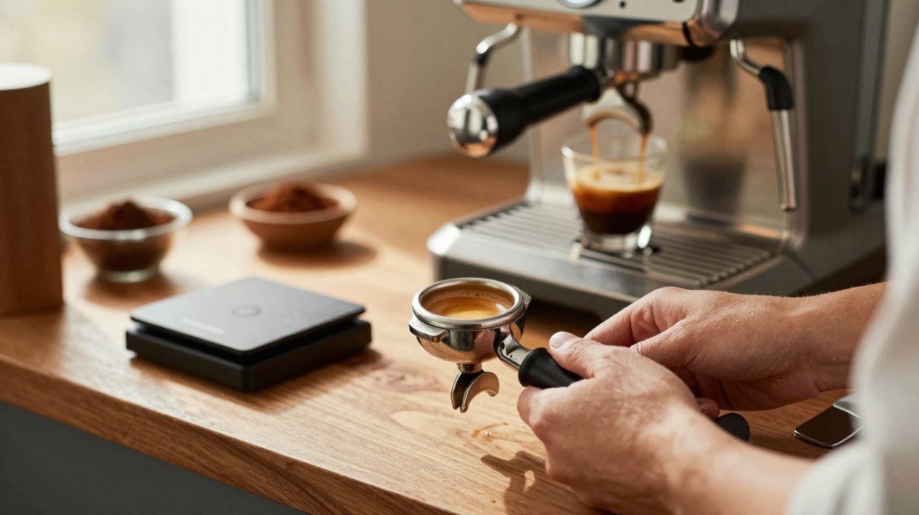 Pessoa a preparar café expresso numa máquina com doseador e pó de café sobre bancada de madeira.