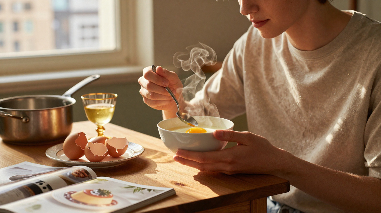 Pessoa a comer ovo quente numa tigela, com cascas de ovo e livro de receitas numa mesa de madeira.