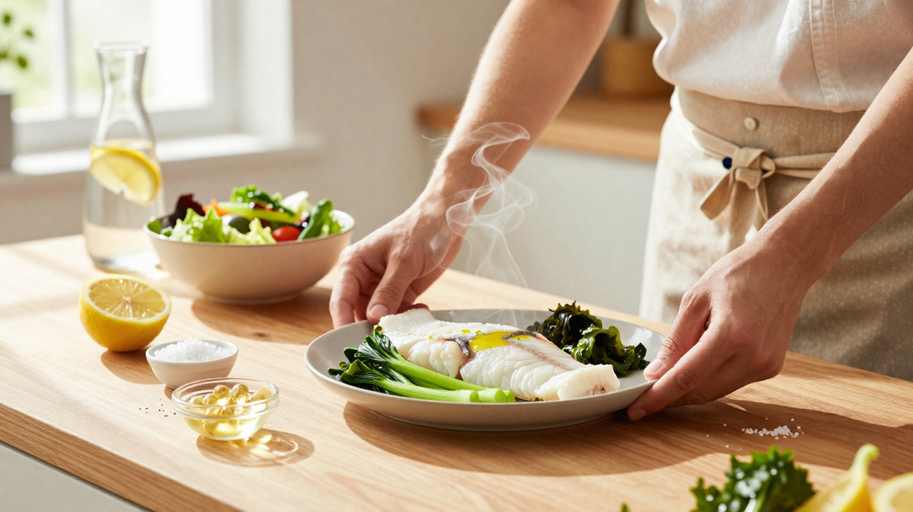 Pessoa a servir prato com peixe cozinhado, legumes verdes e salada numa cozinha iluminada.
