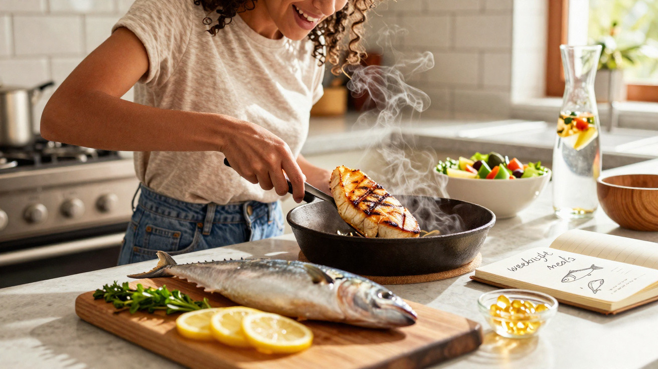 Pessoa a cozinhar peixe grelhado numa frigideira numa cozinha moderna, com peixe fresco e salada na bancada.