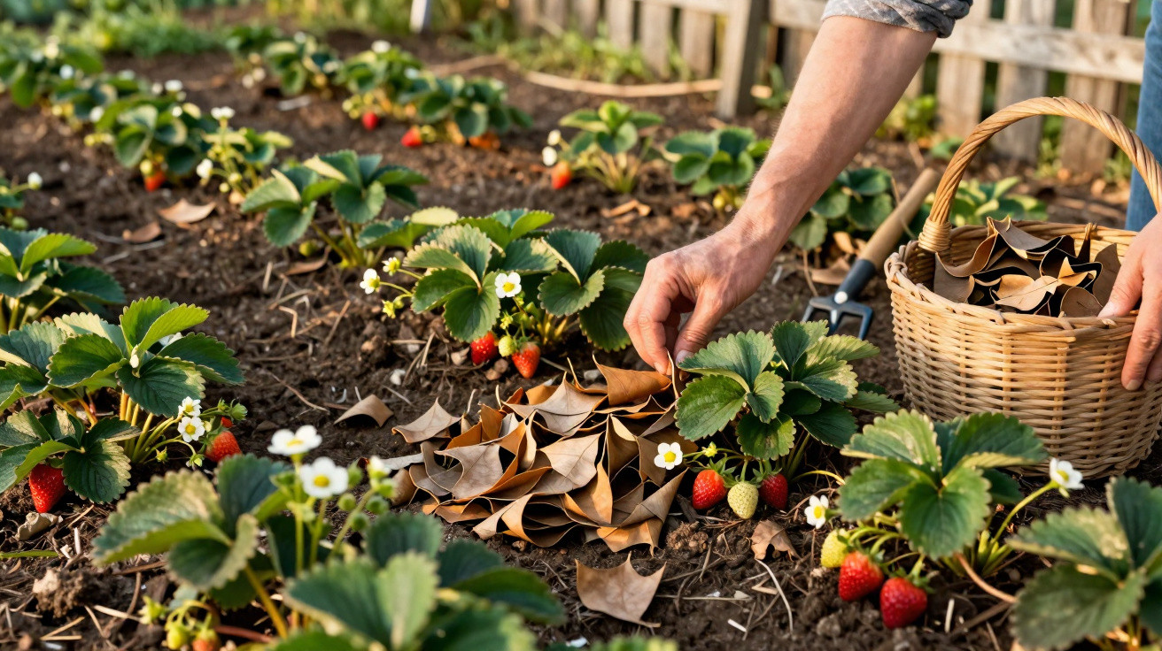 Pessoa a apanhar folhas secas perto de plantas de morango num jardim com cesto de palha ao lado.