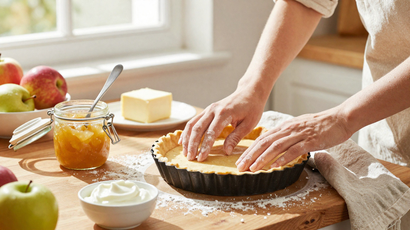 Mãos a preparar massa numa forma de tarte numa cozinha com maçãs, manteiga, compota e creme sobre a mesa.