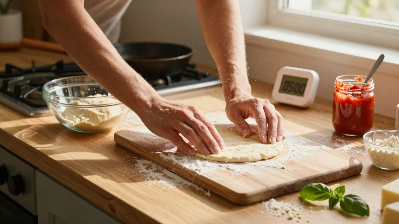 Mãos a estender massa para pizza numa tábua de madeira numa cozinha com tomate, queijo e manjericão.