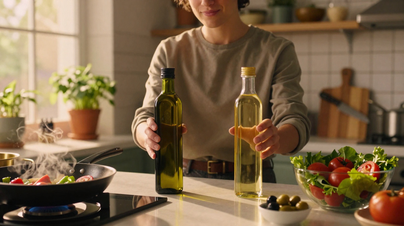 Pessoa a escolher entre azeite e outro óleo para cozinhar, com vegetais frescos e comida na cozinha.