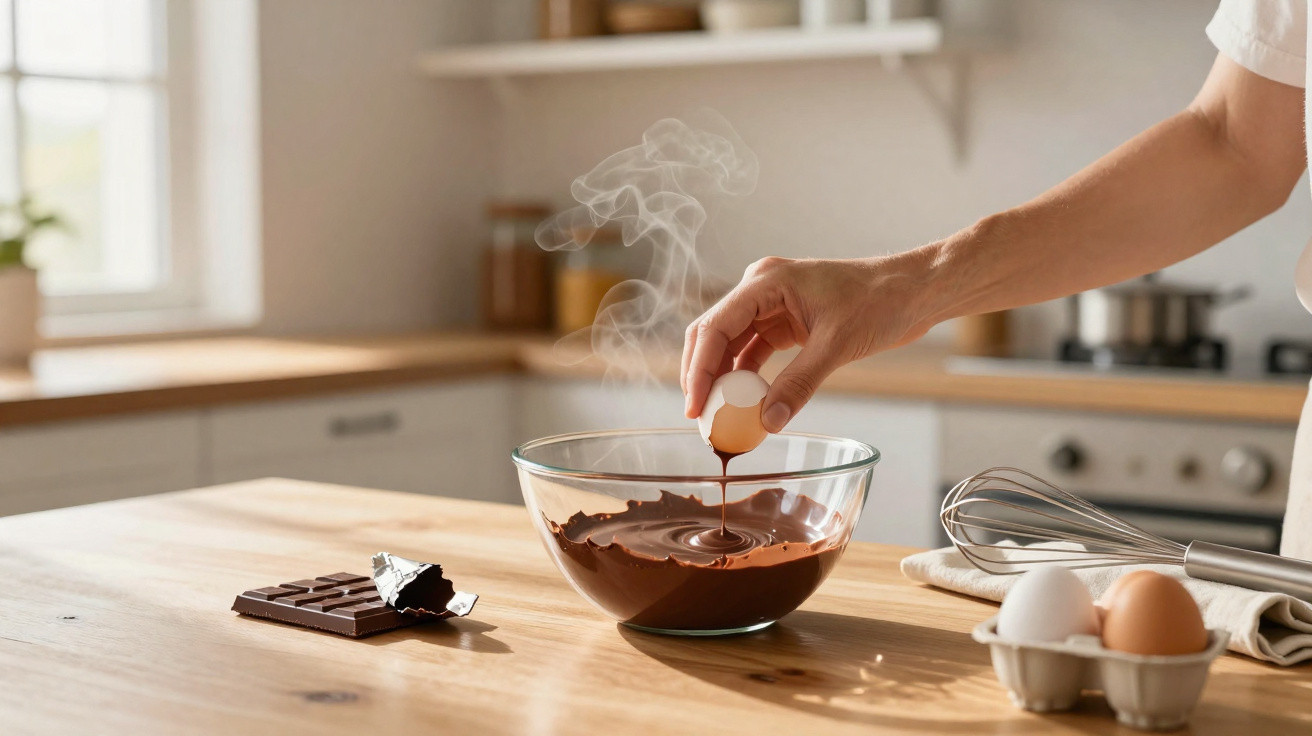 Mão a partir um ovo numa taça com chocolate derretido numa cozinha quente com vapor a subir.